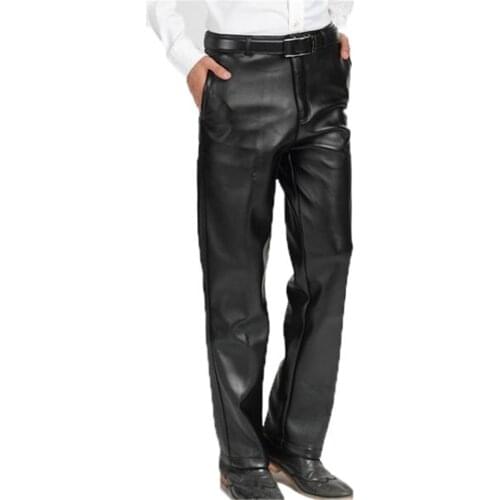 Mens Autumn Winter Plus Size Plus Velvet Pu Thicken High Waist Straight Trousers Male Casual Leather Warm Pants Waterproof