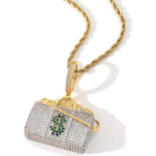 Bling Dollar Bag Pendant Iced Out Full Cubic Zirconia Necklace With Tennis Chain For Men Women Hip Hop Jewelry