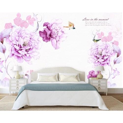 Beibehang Custom wallpaper beautiful purple hand-painted flowers bird American Japan and South Korea TV background 3d wallpaper