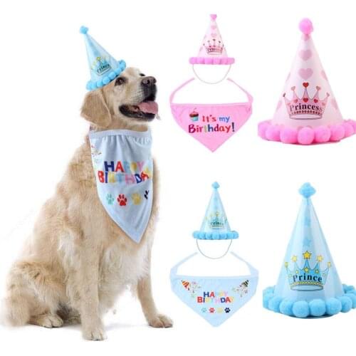 Puppy Dog Cat Birthday Wear Cute Cartoon Design Dog Hat Bib 2pcs Small Pet Cat Pet Apparel Puppy Birthday Costume
