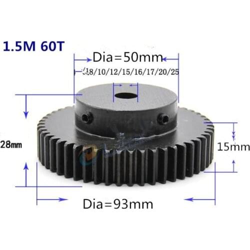Spur Gear pinion 1.5M 60T Spur gear 1.5M60T boss gear bore 8-25mm high frequency black tooth width 15mm