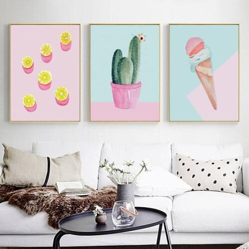 Nordic Pink Ins Fashion Decorative Canvas Painting Ice Cream Lemon Cactus Bedroom Living Room Background Wall Frameless Art