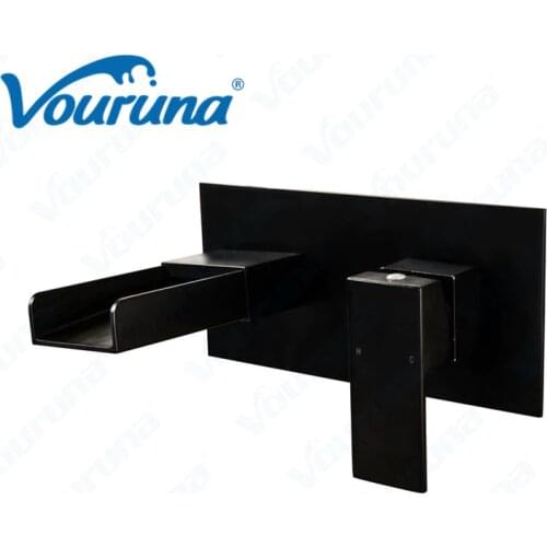 Square Style Cubix Matte Black Waterfall Basin Faucet Sink Mixer Wall Bathroom Tap Cascade Vessel Taps Wall Spout with Plate