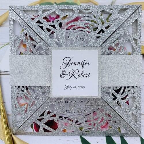 Unique Square Glitter Silver Invitation, Flower Laser Cut Pocket With Glitter Belly Band And Tag