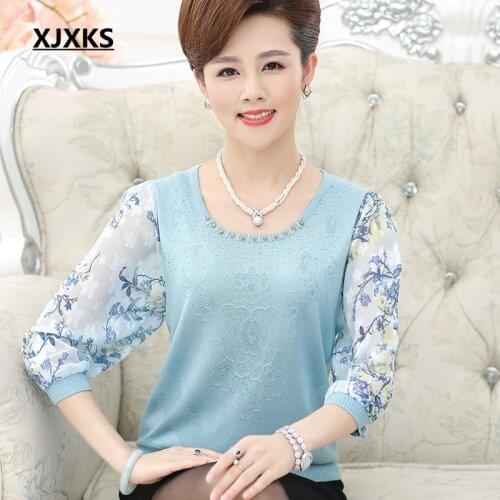 High quality mother autumn new arrival sweater quinquagenarian women plus size three quarter sleeve chiffon top pullover
