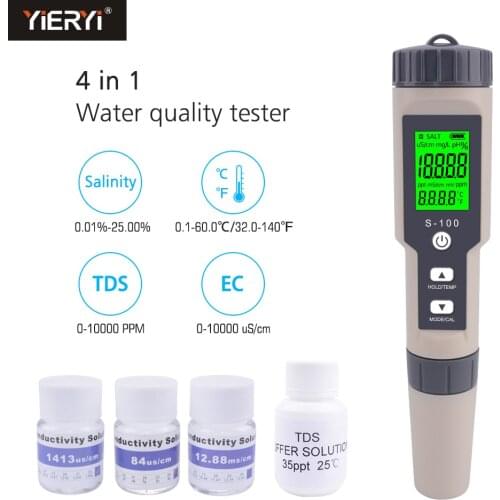 Yieryi S-100 Digital Salinity Meter 4 in 1 TDS/EC/Salinity/TEMP Water Quality Tester with TDS&EC Calibration Solution Buffer