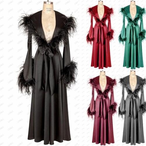 LO&LI 2021 New Bride Get Ready Robe Morning Make Up Pajamas with Feather Trim Soft Satin Long Party Dress