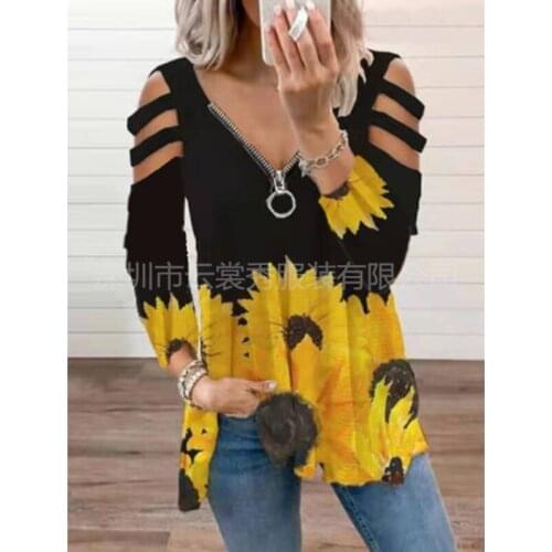 Autumn V-neck Zipper Off Shoulder Hollow Out Fashion Print T-shirt Casual Women Tees Vintage Loose Long Sleeve Pullover Tshirts