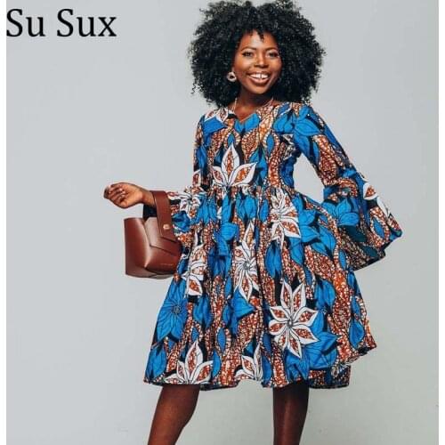 African Dresses For Women Robe Africaine Femme Bazin Riche Print Flare Sleeve V Neck A Line Dress African Clothes 2021 Spring
