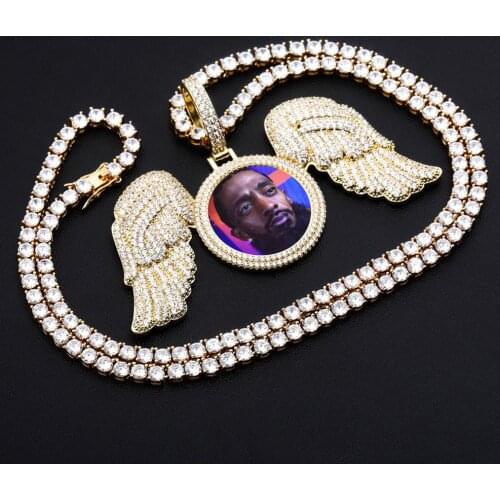 1 Angel Wings Custom Photo Medallion Pendant Necklace Iced Out Cubic Zirconia Pendant Hip Hop Jewelry Gift Customized Products