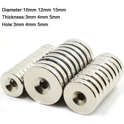 10pcs Neodymium Magnets Dia 10/12/15mm Thick 3/4/5mm With M3 M4 M5 Countersunk Ring Hole Rare Earth Strong Crafts Magnet N35