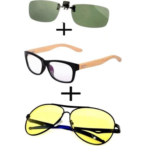 3Pcs!!! Comfortable Wooden Squared Frame Reading Glasses Men Women + Pilot Polarized Sunglassesnight Vision + Sunglasses Clip