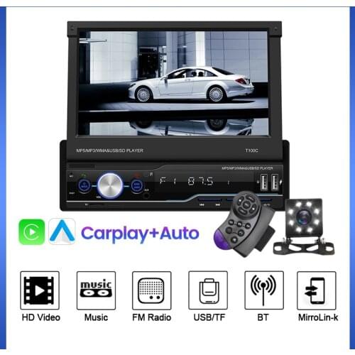 BT Car Stereo 7 Inch 1 DIN Apple CarPlay Touchscreen Retractable Car Radio MP5 Player T100C Auto Radio FM Camera AUX function