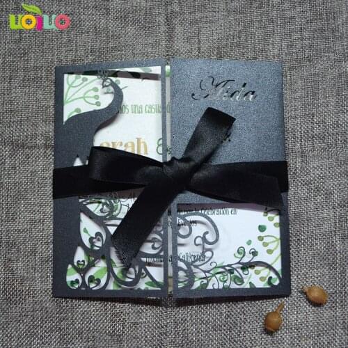 Free shipping 50set inc12 New Arrival Black Laser Cut Wedding Invitations Card With Vertical Flowers invited Cards peacock