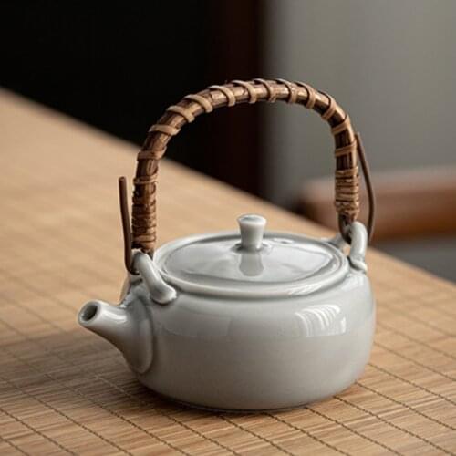 LIZAOTAO 180ml Ice Gray Glazed Handle Pot Japanese Ceramic Kung Fu Teapot Household Teapot Rattan Handle Small Single Pot
