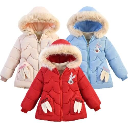 2021 New Winter Girls Jacket Cartoon Rabbit Cute Plus Velvet Thick Keep Warm Fur collar Hooded Outerwear For Kids Children Coats