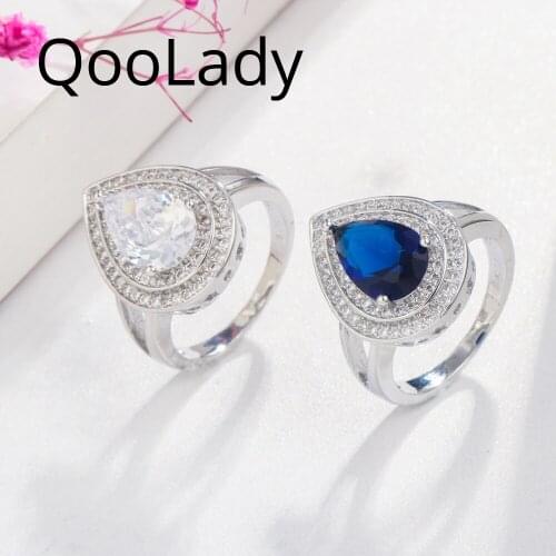 QooLady High Quality Royal Blue Big Water Drop Cubic Zirconia Crystal Dinner Party Rings for Women Fashion Brand Jewelry F075