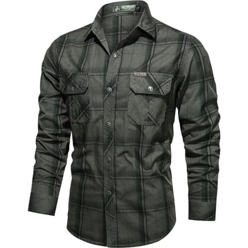 Men Vogue casual long sleeved shirt slim fit male dress shirt brand cotton mens clothing Military uniform Bomber plaid shirt