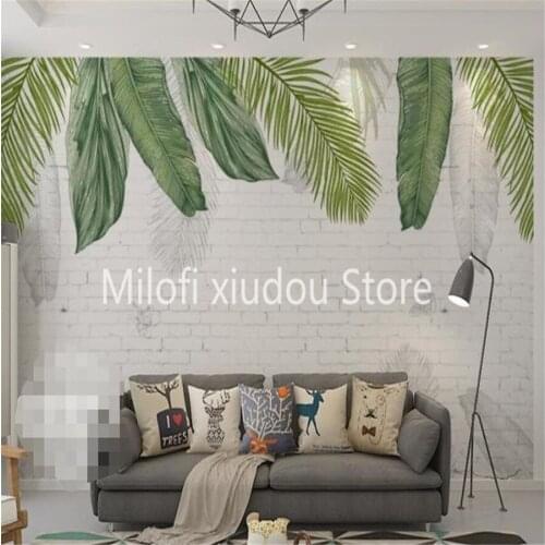 Customized 3D Mural Wallpaper Nordic Tropical Plant Leaves Brick Wall Hand-painted Leaves Living Room Bedroom Decoration Luxury