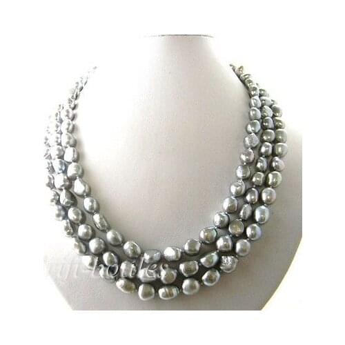 3strands 17-19'' 9mm gray baroque freshwater pearl necklace