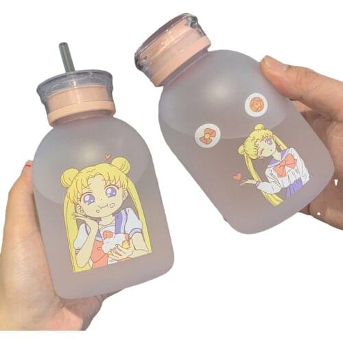 Plastic Bottle Cartoon Frosted water Bottles Leak-proof Drinkware Transparent Fruit Juice Straw Bottle Cup For Student Girl