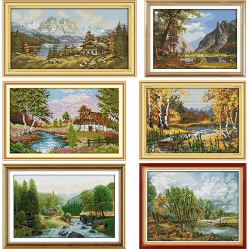 Joy Sunday Bridge River Home Stamped Cross Stitch Kits Embroidery 11CT 14CT Counted Printed Needlework Decoration Art Craft Sets