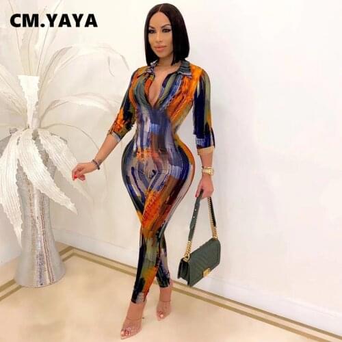 CM.YAYA Active Paisley Print Turn-Down Neck Blouse Style Jumpsuit for Women Sexy Club One Piece Overall Bodycon Rompers Outfits