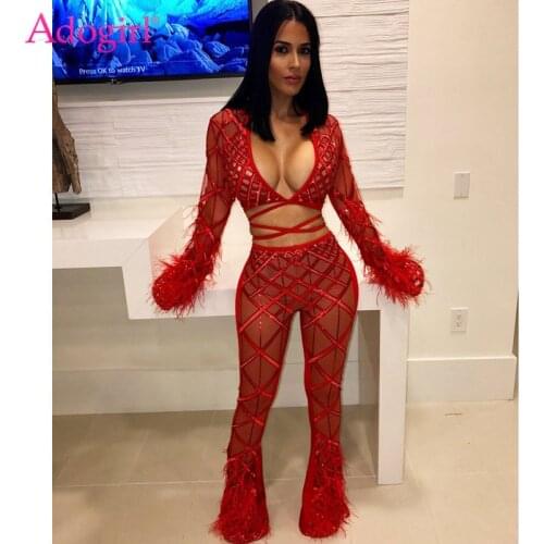 Adogirl Feather Lace Sequins Sheer Mesh Sexy Club Two Piece Set Deep V Neck Bell Sleeve Lace Up Crop Top + Flare Pants Outfits