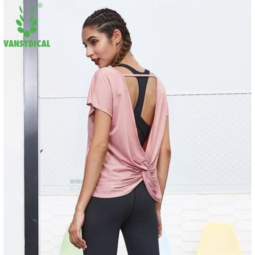 Vansydical Sports Tops Womens Gym Sexy Yoga Shirts Short Sleeve Sexy Hollow Back Breathable Fitness Workout Running T-shirts