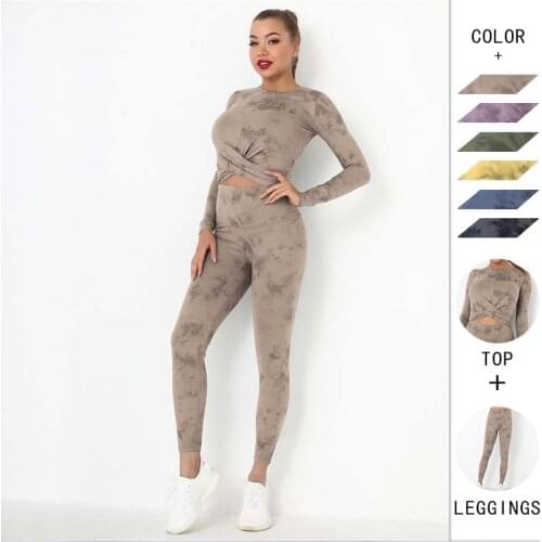 Tie Dye 2 Piece Seamless Fitness Set Gym Suit Workout Clothes Women Long Sleeve Top High Waist Leggings Fitness Sports Tracksuit