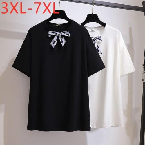 New 2021 Ladies Summer Plus Size Tops For Women Large Short Sleeve Loose Cotton Black White Bow T-shirt 3XL 4XL 5XL 6XL 7XL