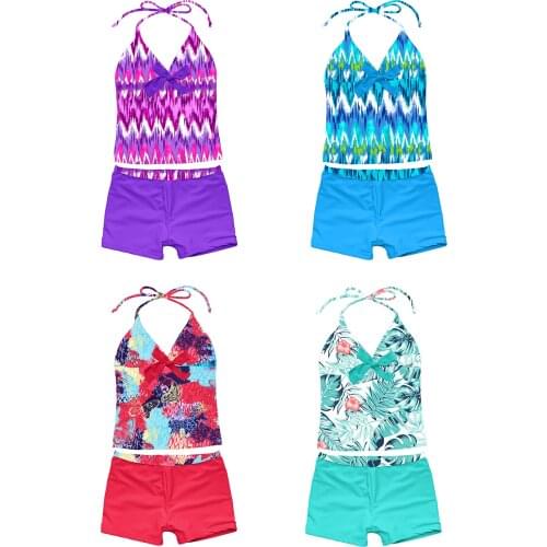 7-16 Years Girls Swimwear Set Fashion Kids Printed Swimsuit Tankini Halter Vest And Boyshorts Bikini Sets Summer Beachwear