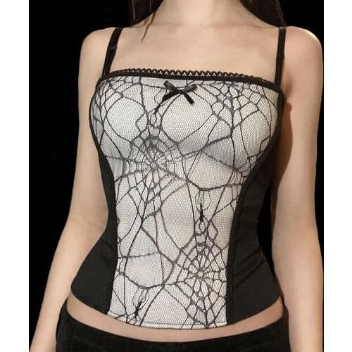 E-girl Vintage Spider Net Mesh Camis Top Y2K Gothic Grunge Zipper Backless Cropped Tops Y2K Women Bow Patchwork Summer Clothes