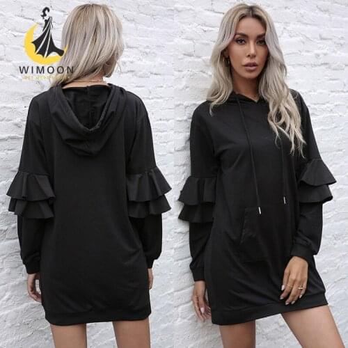 2021 New Autumn Black Solid-colored Lotus Leaf Sleeve Pocket Street Style A-LINE Draw String Above Knee Hooded Dresses Women