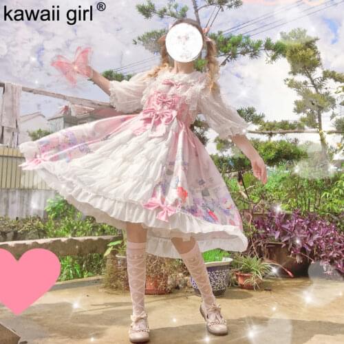 Sweet Lolita Dress Girls Lolita Cute Castle Cat Tea Sleeveless Strap Dress Women Vintage Ruffles Pink Kawaii Jsk Lolita Costume