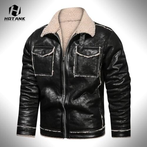 Winter PU Leather Jacket Men Vintage Thicken Warm Fleece Flight Military Mens Jackets Fur Collar Wool Liner Parkas Coat Male