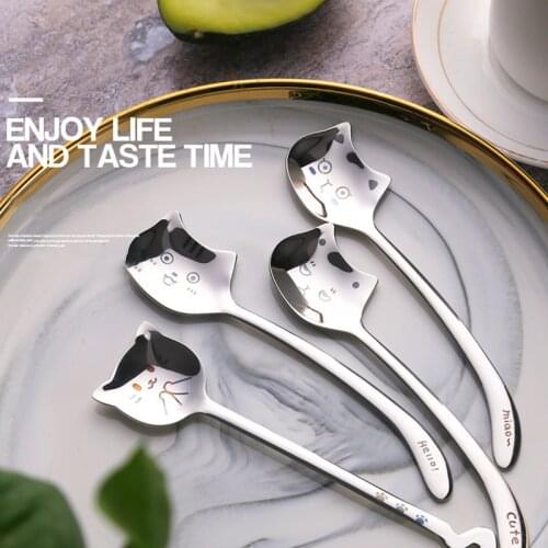 304 Stainless Steel Cute Cat Dessert Spoon Tea-Spoon Coffee Spoon Long Tail Cat Spoon Ice Cream Long Handle Gift Tableware