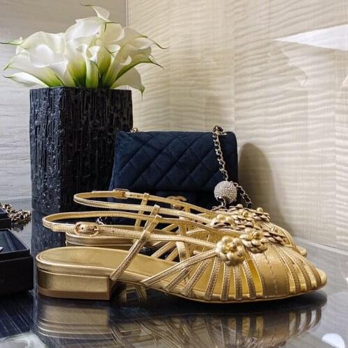 Round Toe Gold Women Sandals 2021 New Arrival Fashion Luxury Designer Brand Female Shoes Genuine Leather camellia Flat Shose