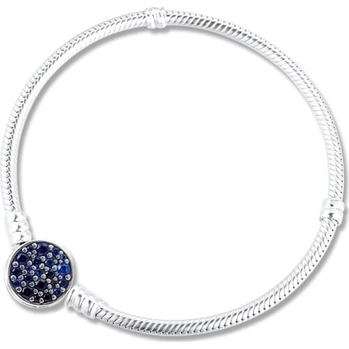 Moments Sparkling Blue Disc Clasp Snake Chain Bracelet Fits Original Silver Charms & Beads Woman DIY Fashion Jewelry Making