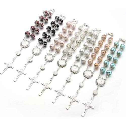 7 colors Catholic Religious Bead Cross Bracelets Rosary glass pearl Heart of Mary Mercy Jesus Saint Icons Jewelry
