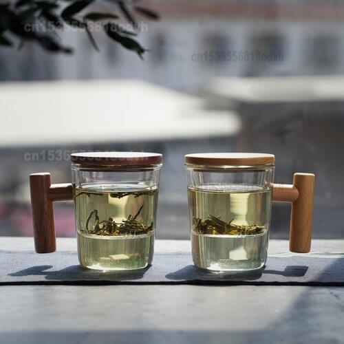 Wooden Sheng Japanese style tea separation glass tea cup filtration tea cup wooden handle office glass tea cup flower tea cup