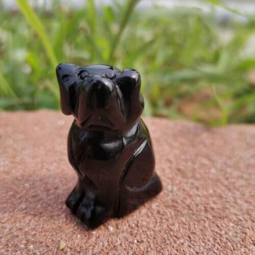 Natural Stone Carved Cute Animal Black obsidian Dog quartz crystal figurine
