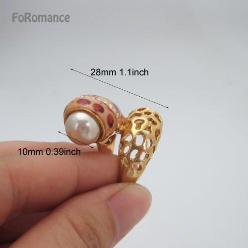 FoRomance YELLOW GOLD PLATED HIGH QUALITY LINE CONNECTED HAND PAINTED LEOPARD ENAMELLED CZ STONES PEARL GREAT DESIGN RING SZ78 9