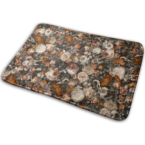 Baroque Macabre Mat Rug Carpet Anti - Slip Bedroom Entrance Door Mat Skull Bird Baroque Floral Golden Vintage Flower Halloween