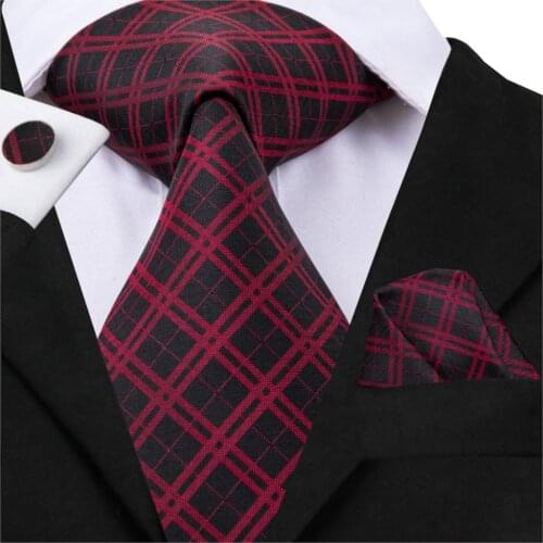 Hi-Tie Plaid Pattern Necktie For Men 100% Silk Hand-Made Tie Hanky Cufflinks Set Gravatas For Wedding Party C-3011
