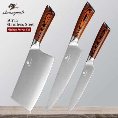 Shuangmali 3PCS Chinese Chef Knife Set 5Cr15 Stainless Steel Slicing Kitchen Knives Fruit Paring Cleaver Knife With Gift Box