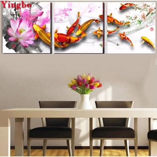 Full square round 5d diamond embroidery Koi fish Lotus Blessing Fish diamond painting home decor mosaic diamond picture 3pieces