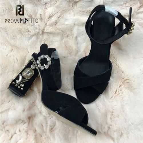 Round toe open toe cross strap crystal metal decorative thick heel sandals summer black personality sexy high heel sandals women