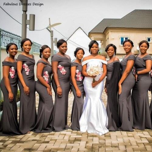 Dark Gray Mermaid Bridesmaid Dresses Appliques Cap Shoulder Pleat Long Wedding Party Dress 2021 Vestido De Fiesta De Boda