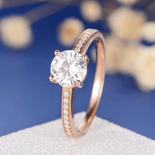Solid 18K Rose Gold 1ct DF Color Round Cut Moissanite 4 Prong Ring Lab Diamond Wedding Engagement Ring For Women